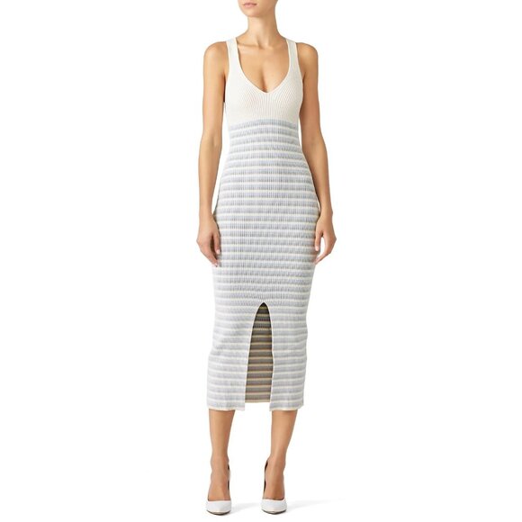 Opening Ceremony V-Neck Striped Split-front Ribbed-knit Body-con Midi Dress - XS - Picture 1 of 8